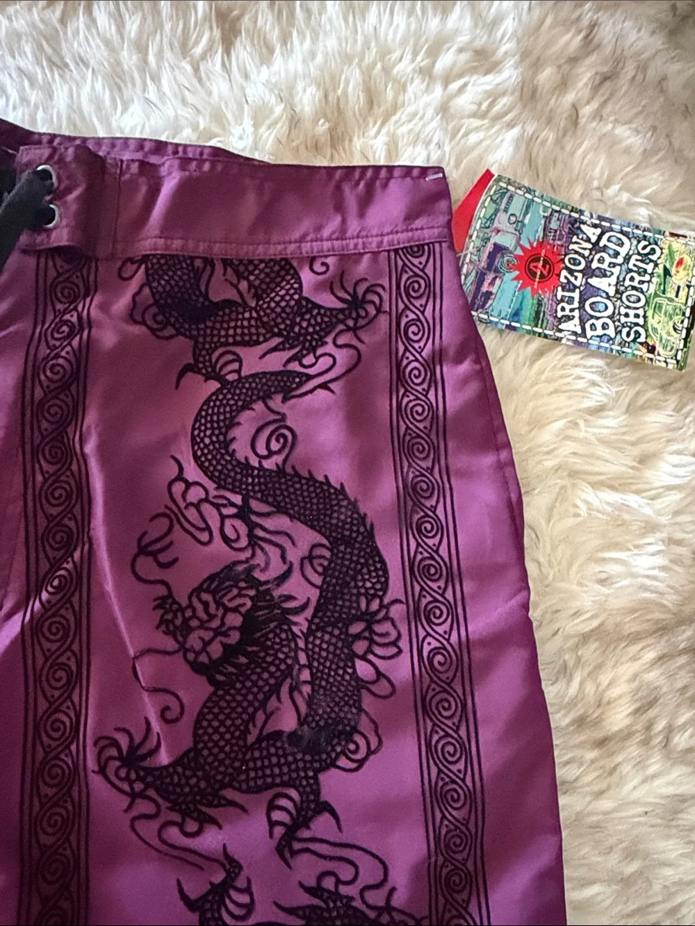 New vtg Arizona Men's Purple Dragon embroidered Print board Swim Shorts 36 Y2K